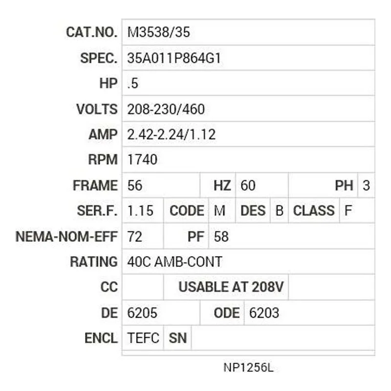 M3538/35 Baldor .5 HP, 1740 RPM, 3 PH, 60 HZ, 56, 3511M, TEFC, F1, N Motor Nameplate - view 2