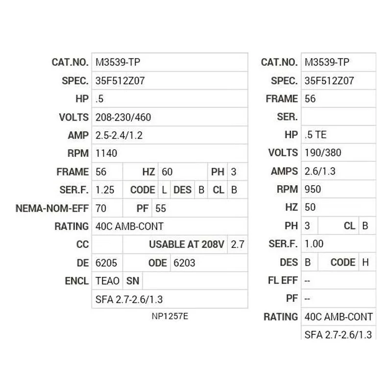 M3539-TP Baldor .5HP/1140 RPM/TEFC/56 Motor Nameplate - view 2