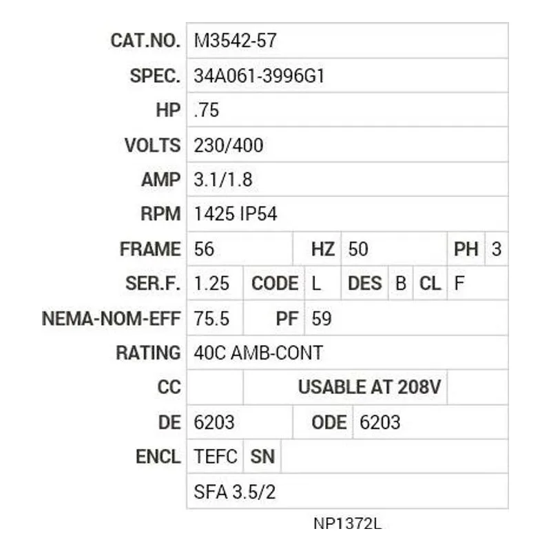 M3542-57 Baldor .75 HP, 1425    IP44 RPM, 3 PH, 50 HZ, 56, 3428M Motor Nameplate - view 2