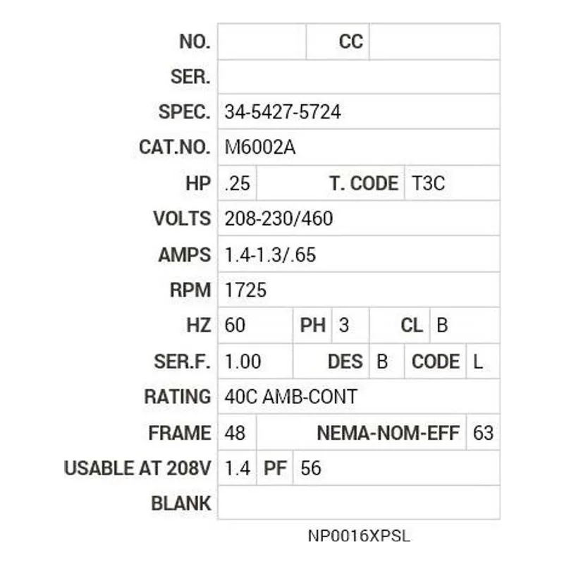 M6002A Baldor .25 HP, 1725 RPM, 3 PH, 60 HZ, 48, X3410M, XPFC, F1 Motor Nameplate - view 2