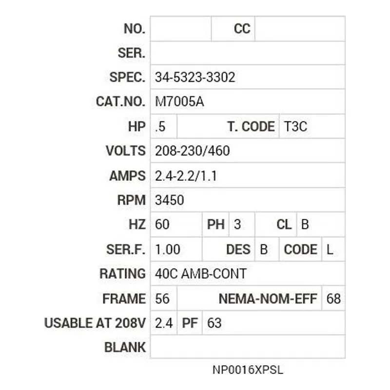 M7005A Baldor .5 HP, 3450 RPM, 3 PH, 60 HZ, 56, X3410M, XPFC, F1 Motor Nameplate - view 2