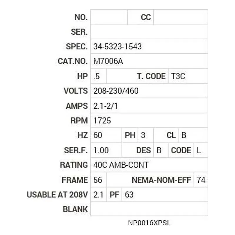 M7006A Baldor .5 HP, 1725 RPM, 3 PH, 60 HZ, 56, X3416M, XPFC, F1 Motor Nameplate - view 2