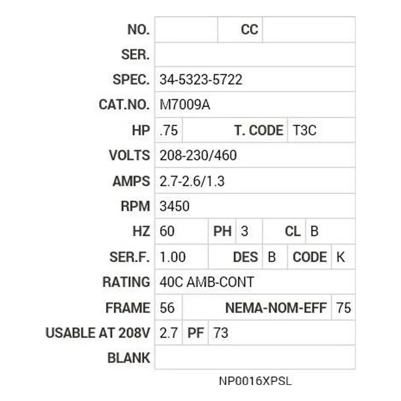 M7009A Baldor .75 HP, 3450 RPM, 3 PH, 60 HZ, 56, X3413M, XPFC, F1 Motor Nameplate - view 2