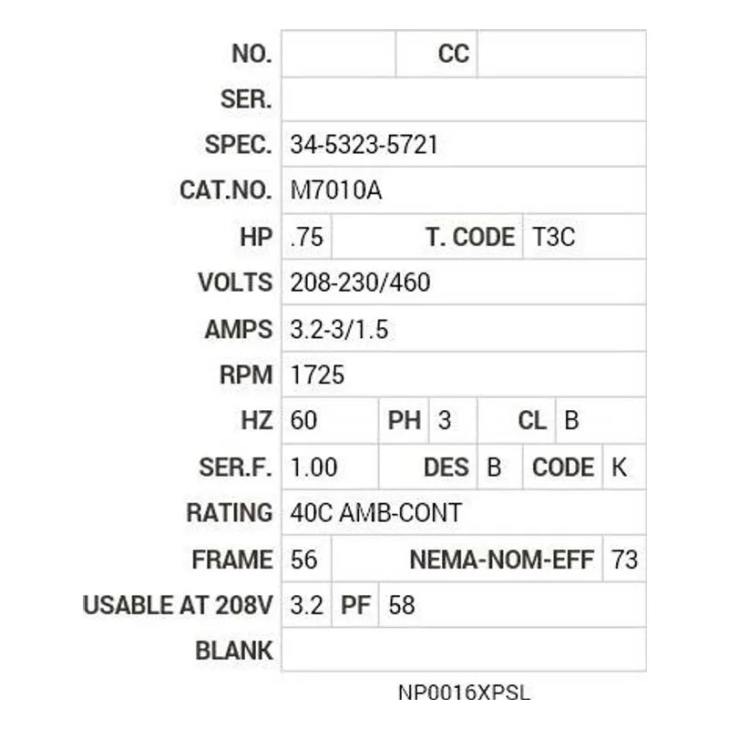 M7010A Baldor .75 HP, 1725 RPM, 3 PH, 60 HZ, 56, X3420M, XPFC, F1 Motor Nameplate - view 2