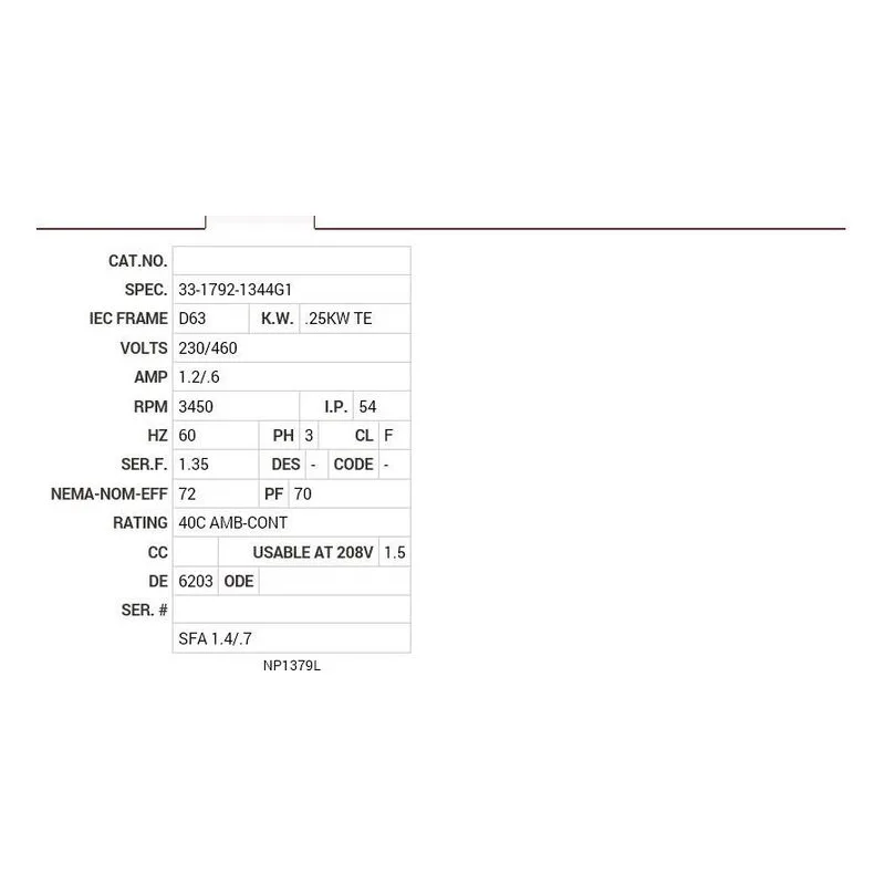 MM3457 Baldor .25KW, 3450 RPM, 3 PH, 60 HZ, D63, 3320M, TEFC, F2 Motor Nameplate - view 2
