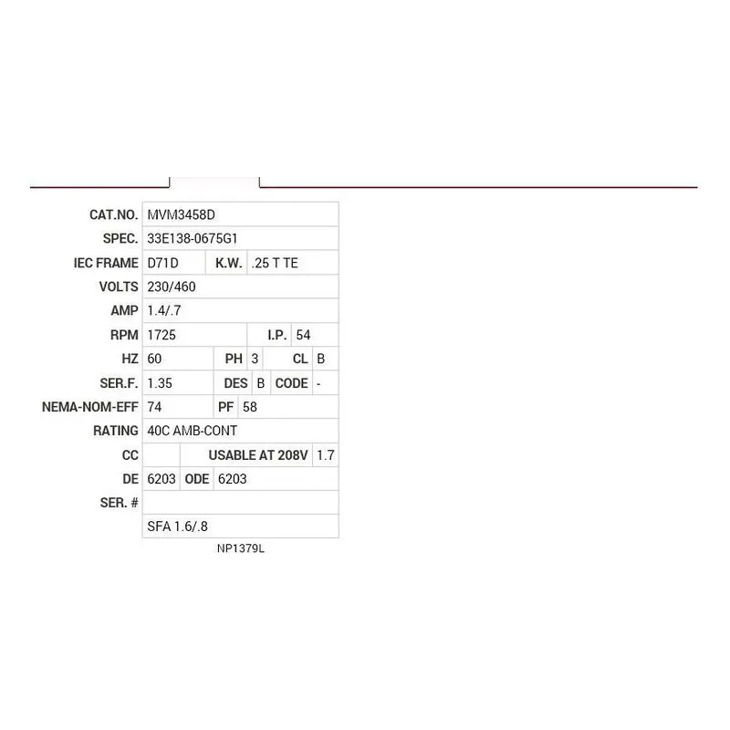 MVM3458D Baldor .25KW, 1725 RPM, 3 PH, 60 HZ, D71D, 3320M, TEFC Motor Nameplate - view 2