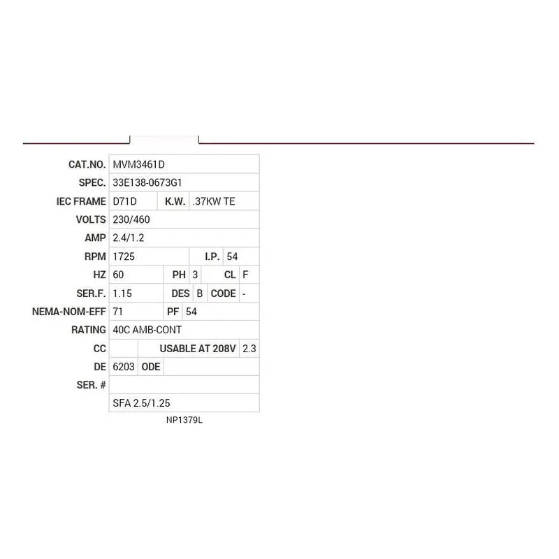 MVM3461D Baldor .37KW, 1725 RPM, 3 PH, 60 HZ, D71D, 3320M, TEFC Motor Nameplate - view 2