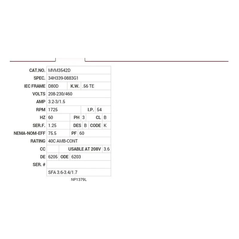MVM3542D Baldor .56KW, 1725 RPM, 3 PH, 60 HZ, D80D, 3420M, TEFC Motor Nameplate - view 2