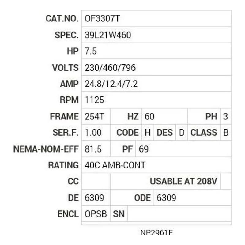 OF3307T Baldor 7.5 HP, 1125 RPM, 3 PH, 60 HZ, 254T, 3930M, OPSB Motor Nameplate - view 2