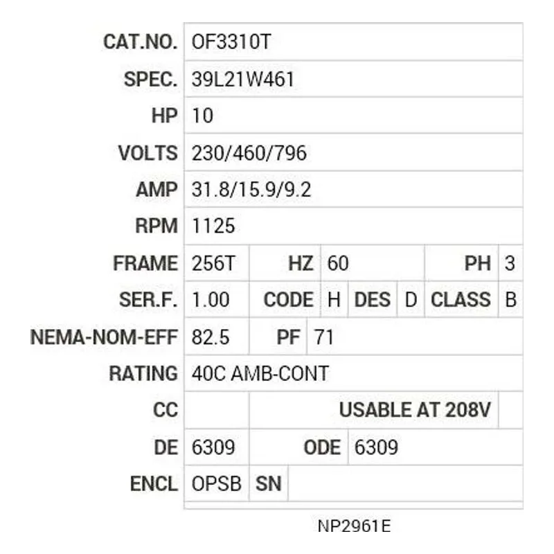 OF3310T Baldor 10 HP, 1125 RPM, 3 PH, 60 HZ, 256T, 3938M, OPSB, F2 Motor Nameplate - view 2