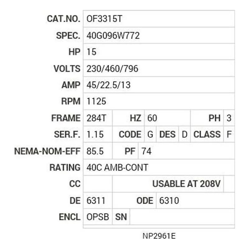 OF3315T Baldor 15 HP, 1125 RPM, 3 PH, 60 HZ, 284T, 4032M, OPSB, F2 Motor Nameplate - view 2