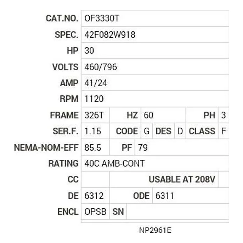 OF3330T Baldor 30 HP, 1120 RPM, 3 PH, 60 HZ, 326T, 4248M, OPSB, F2 Motor Nameplate - view 2