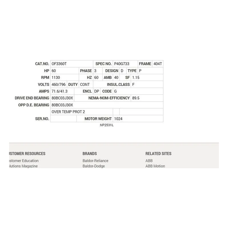 OF3360T Baldor 60 HP, 1125 RPM, 3 PH, 60 HZ, 404T, 1654M, OPEN, F2 Motor Nameplate - view 2