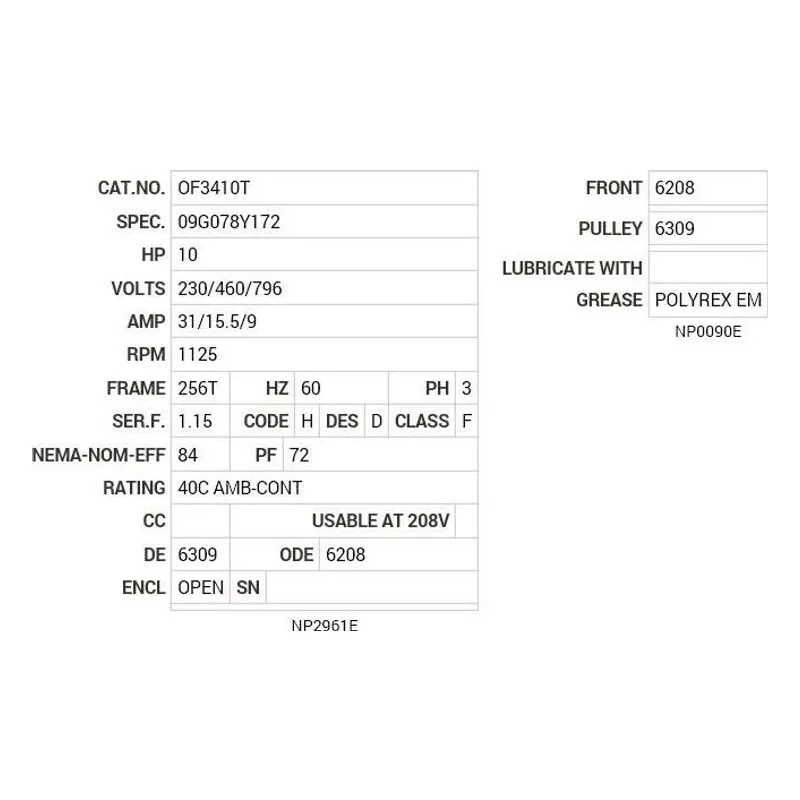 OF3410T Baldor 10 HP, 1125 RPM, 3 PH, 60 HZ, 256T, 0942M, OPEN, F2 Motor Nameplate - view 2