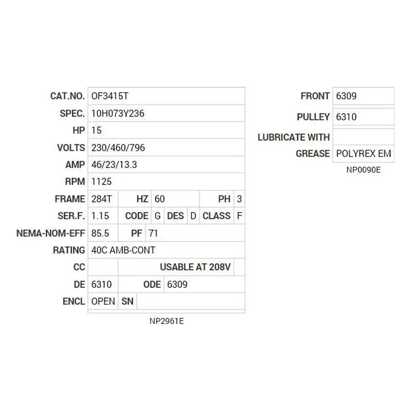 OF3415T Baldor 15 HP, 1125 RPM, 3 PH, 60 HZ, 284T, 1034M, OPEN, F2 Motor Nameplate - view 2