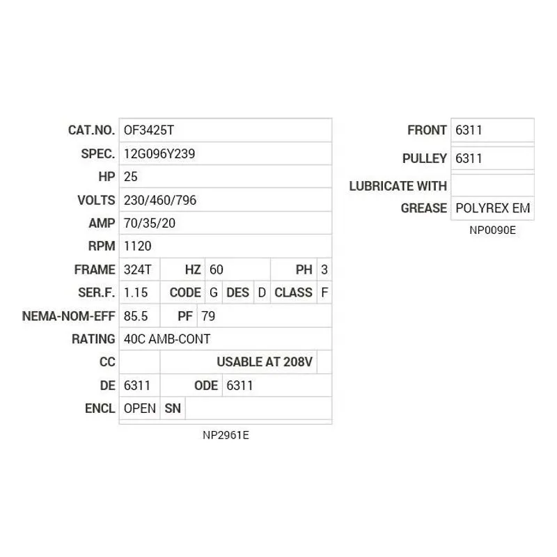 OF3425T Baldor 25 HP, 1120 RPM, 3 PH, 60 HZ, 324T, 1244M, OPEN, F2 Motor Nameplate - view 2