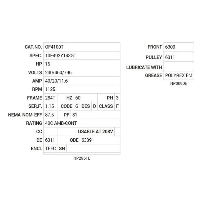 OF4100T Baldor 15 HP, 1125 RPM, 3 PH, 60 HZ, 284T, 1048M, TEFC, F2 Motor Nameplate - view 2