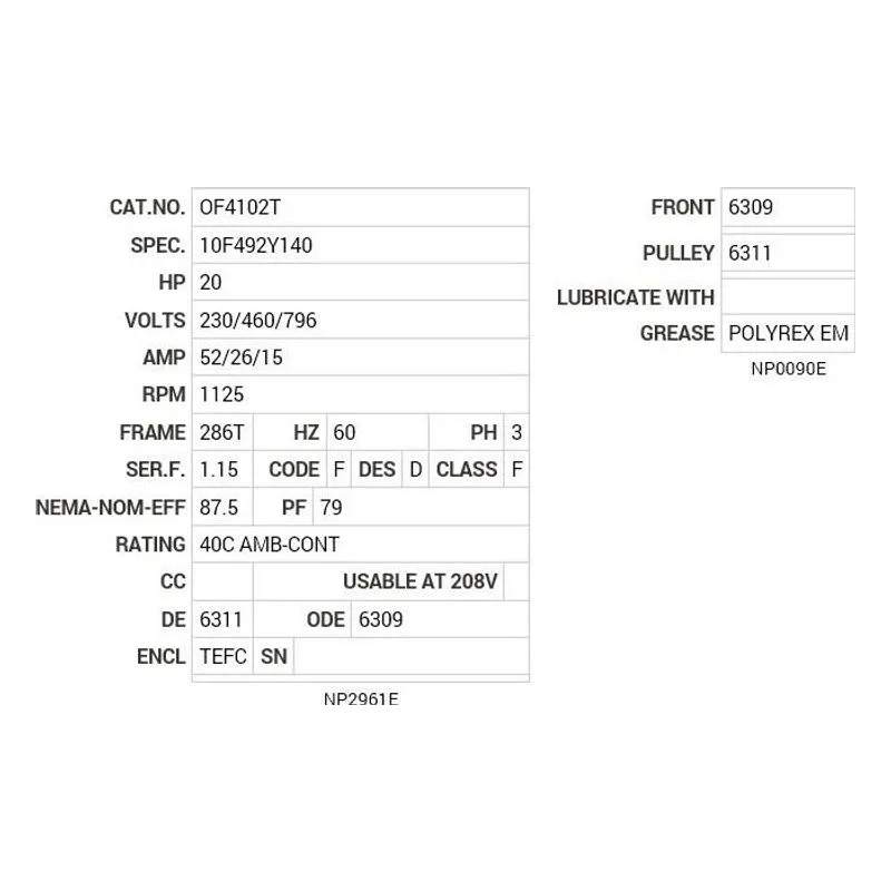 OF4102T Baldor 20 HP, 1125 RPM, 3 PH, 60 HZ, 286T, 1060M, TEFC, F2 Motor Nameplate - view 2