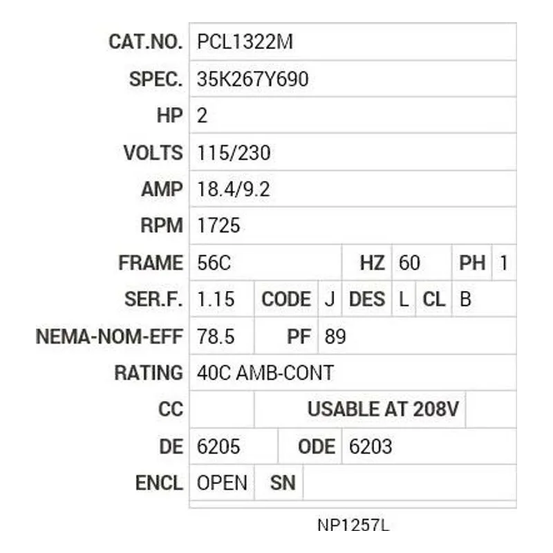 PCL1322M Baldor 2 HP, 1725 RPM, 1 PH, 60 HZ, 56C, 3532LC, OPEN, F1 Motor Nameplate - view 2