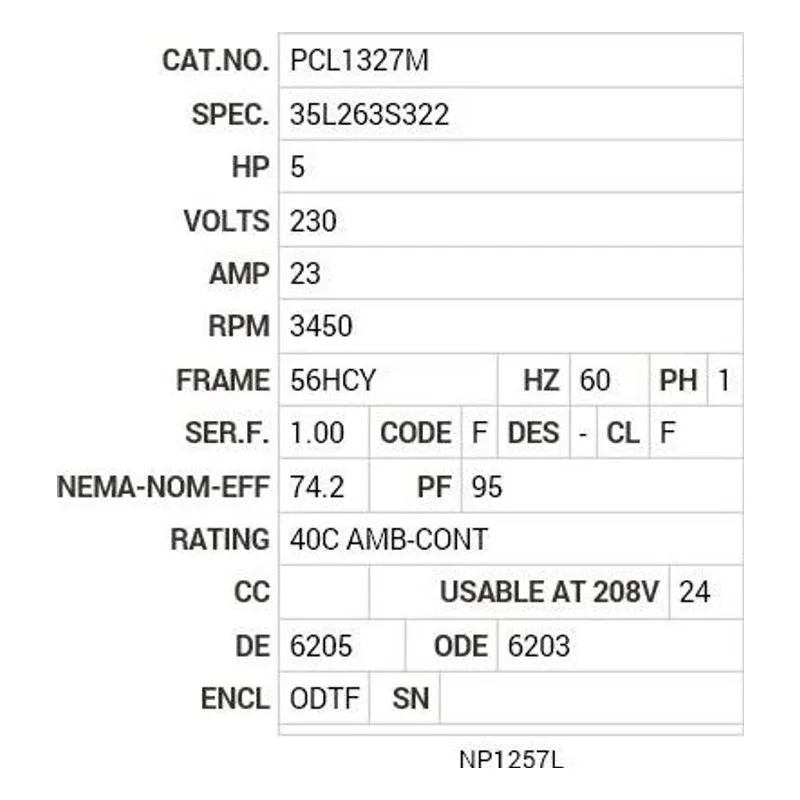 PCL1327M Baldor 5 HP, 3450 RPM, 1 PH, 60 HZ, 56HCY, 3535LC, ODTF Motor Nameplate - view 2