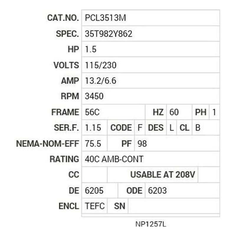 PCL3513M Baldor 1.5 HP, 3450 RPM, 1 PH, 60 HZ, 56C, 3520LC, TEFC Motor Nameplate - view 2