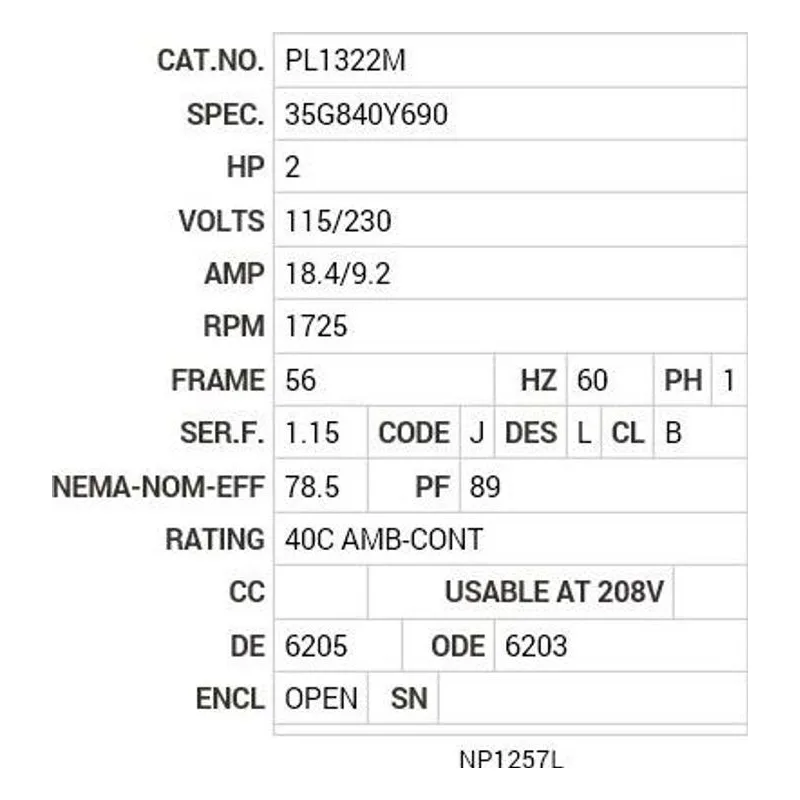 PL1322M Baldor 2 HP, 1725 RPM, 1 PH, 60 HZ, 56, 3532LC, OPEN, F1 Motor Nameplate - view 2