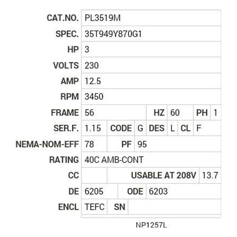 PL3519M Baldor 3 HP, 3450 RPM, 1 PH, 60 HZ, 56, 3532LC, TEFC, F1 Motor Nameplate - view 2