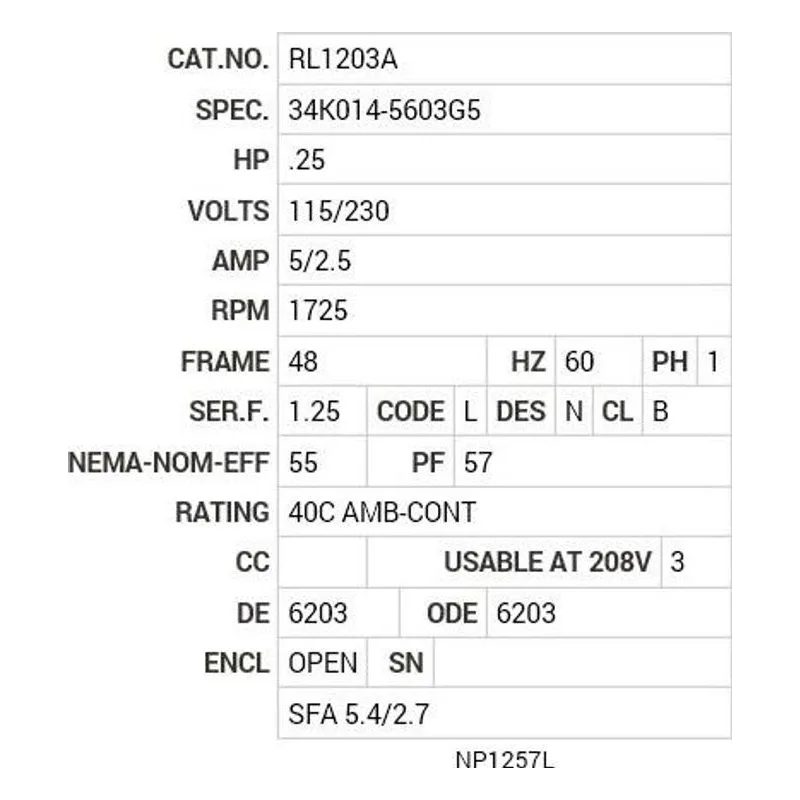 RL1203A Baldor .25 HP, 1725 RPM, 1 PH, 60 HZ, 48, 3411L, OPEN, F1 Motor Nameplate - view 2