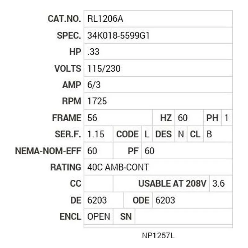 RL1206A Baldor .33 HP, 1725 RPM, 1 PH, 60 HZ, 56, 3414L, OPEN, F1 Motor Nameplate - view 2