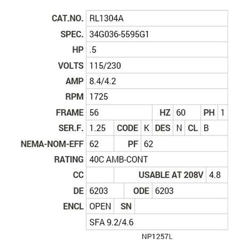 RL1304A Baldor .5 HP, 1725 RPM, 1 PH, 60 HZ, 56, 3418L, OPEN, F1, N Motor Nameplate - view 2