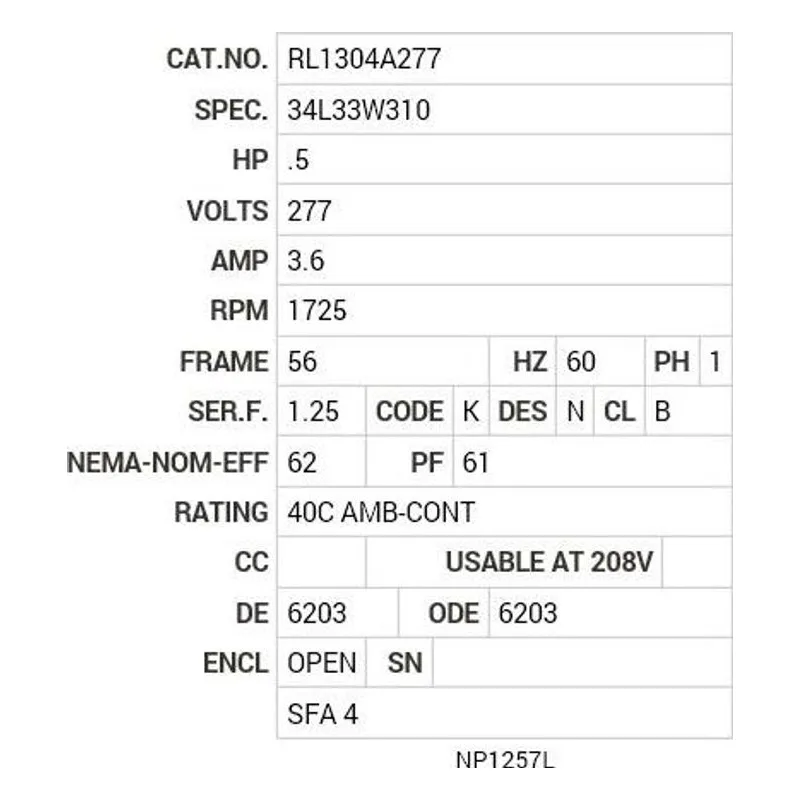 RL1304A277 Baldor .5HP/1725 RPM/1PH/OPEN/NEMA 56 Motor Nameplate - view 2