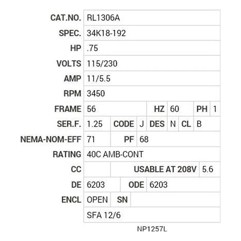 RL1306A Baldor .75 HP, 3450 RPM, 1 PH, 60 HZ, 56, 3420L, OPEN, F1 Motor Nameplate - view 2