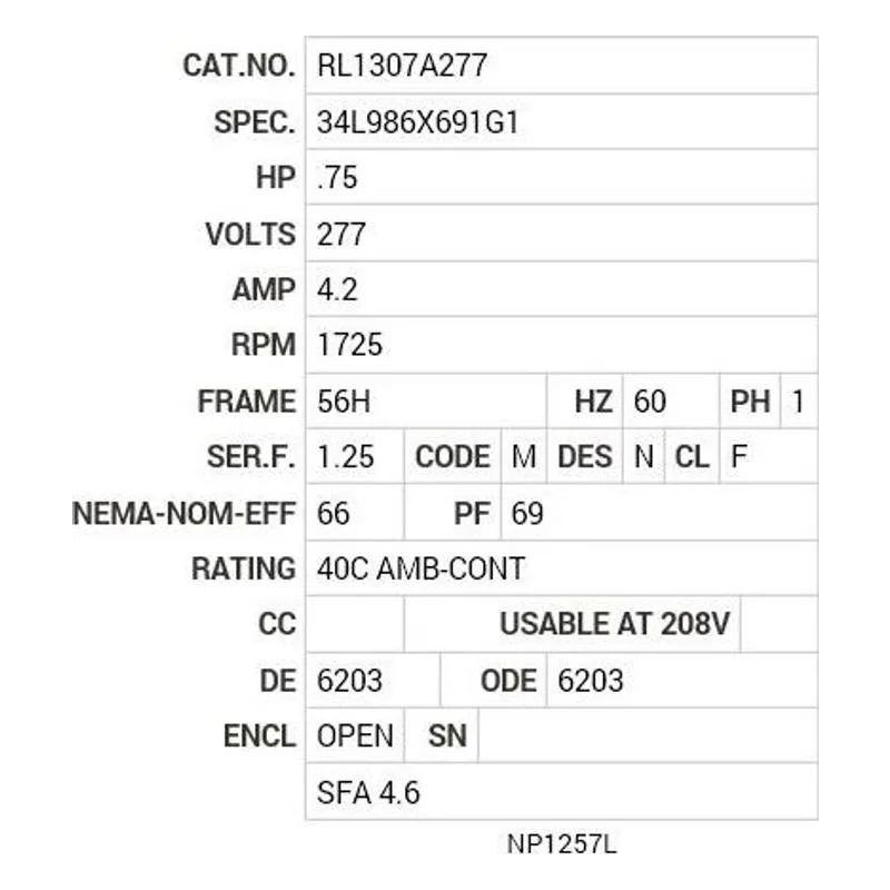 RL1307A277 Baldor .75 HP, 1725 RPM, 1 PH, 60 HZ, 56H, 3428L, OPEN, F1 Motor Nameplate - view 2