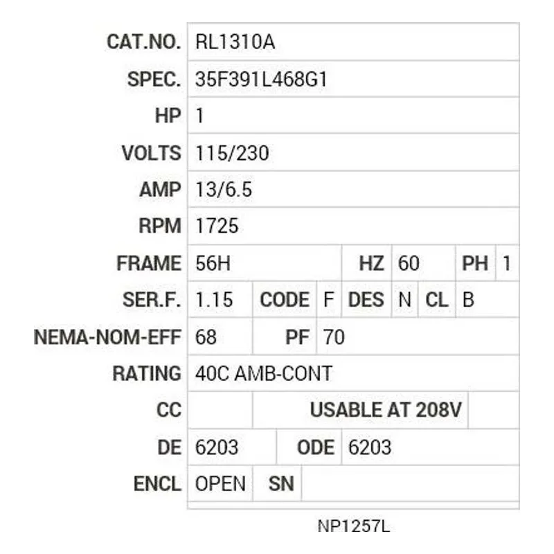 RL1310A Baldor 1 HP, 1725 RPM, 1 PH, 60 HZ, 56H, 3520L, OPEN, F1, N Motor Nameplate - view 2