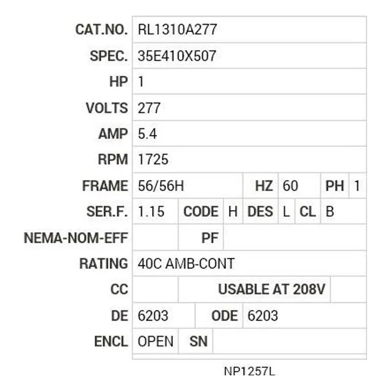 RL1310A277 Baldor 1HP/1725 RPM/1PH/OPEN/NEMA 56/56H Motor Nameplate - view 2