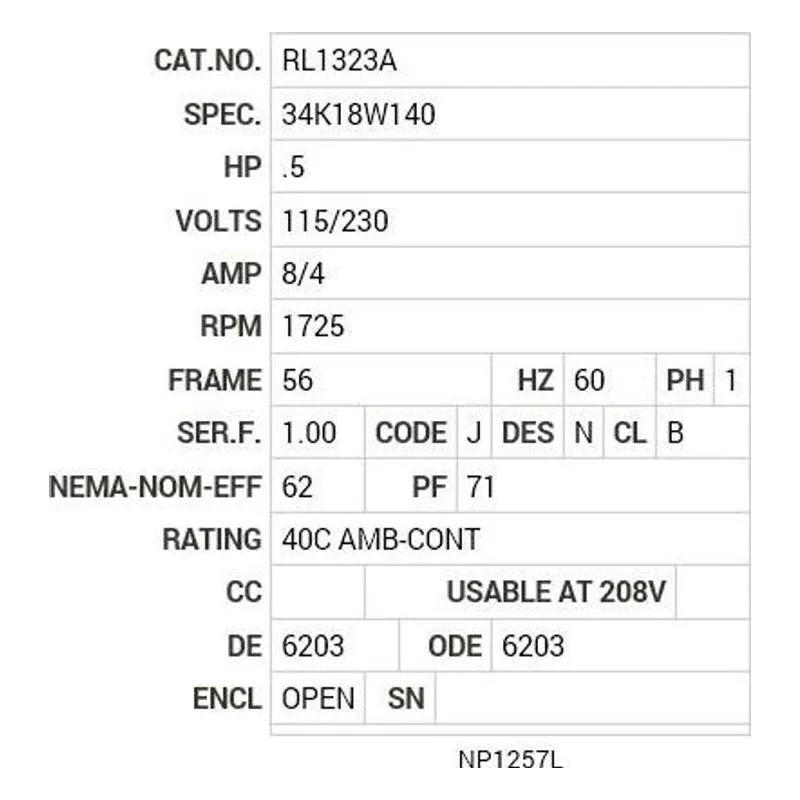 RL1323A Baldor .5 HP, 1725 RPM, 1 PH, 60 HZ, 56, 3416L, OPEN, F1 Motor Nameplate - view 2
