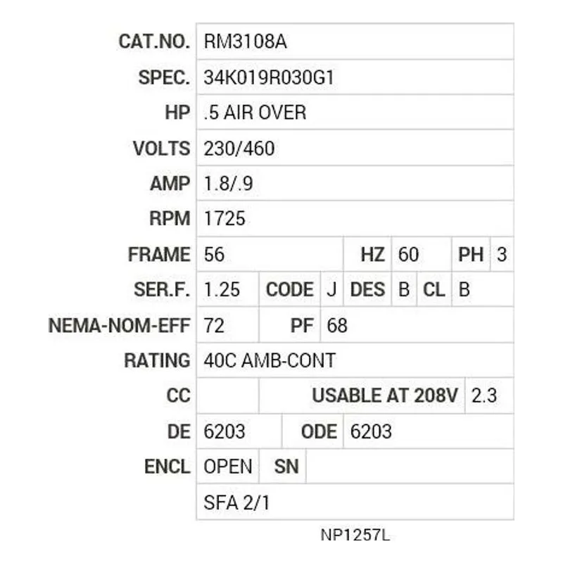 RM3108A Baldor .5  AIR OVER HP, 1725 RPM, 3 PH, 60 HZ, 56, 3413M Motor Nameplate - view 2
