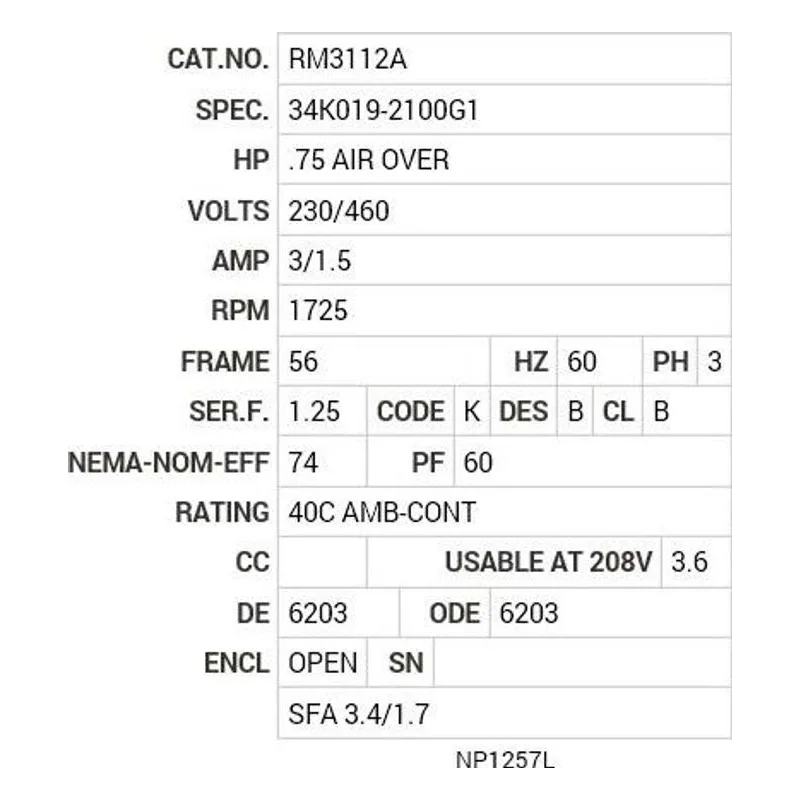 RM3112A Baldor .75  AIR OVER HP, 1725 RPM, 3 PH, 60 HZ, 56, 3420 Motor Nameplate - view 2