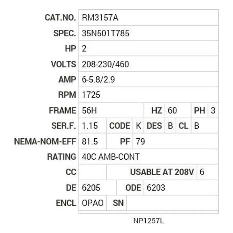RM3157A Baldor 2 HP, 1725 RPM, 3 PH, 60 HZ, 56H, 3524M, OPAO, F1, N Motor Nameplate - view 2