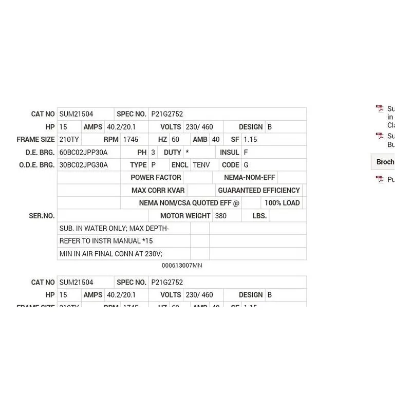 SUM21504 Baldor 15 HP, 1800 RPM, 3 PH, 60 HZ, 210TY, TENV, FOOTLE Motor Nameplate - view 2