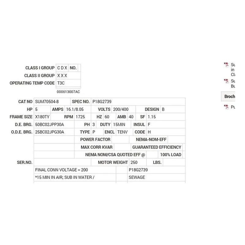 SUM70504-8 Baldor 5 HP, 1725 RPM, 3 PH, 60 HZ, 180TY, TENV, FOOTLES Motor Nameplate - view 2
