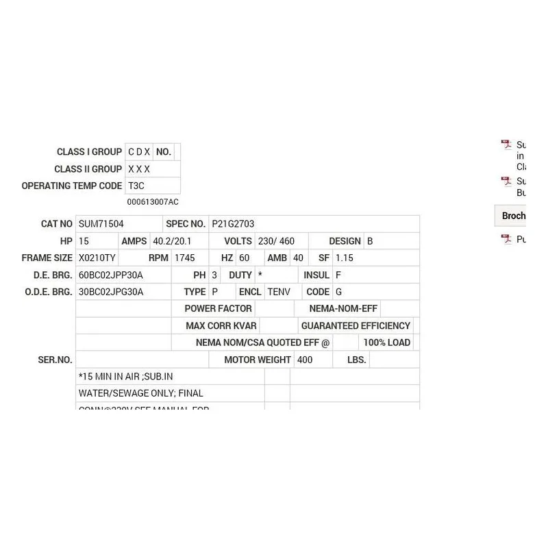 SUM71504 Baldor 15 HP, 1745 RPM, 3 PH, 60 HZ, 210TY, TENV, FOOTLE Motor Nameplate - view 2