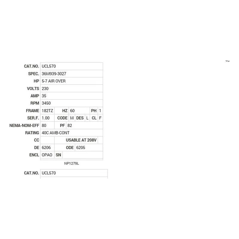 UCL570 Baldor 5-7 AIR OVER HP, 3450 RPM, 1 PH, 60 HZ, 182TZ, 36 Motor Nameplate - view 2