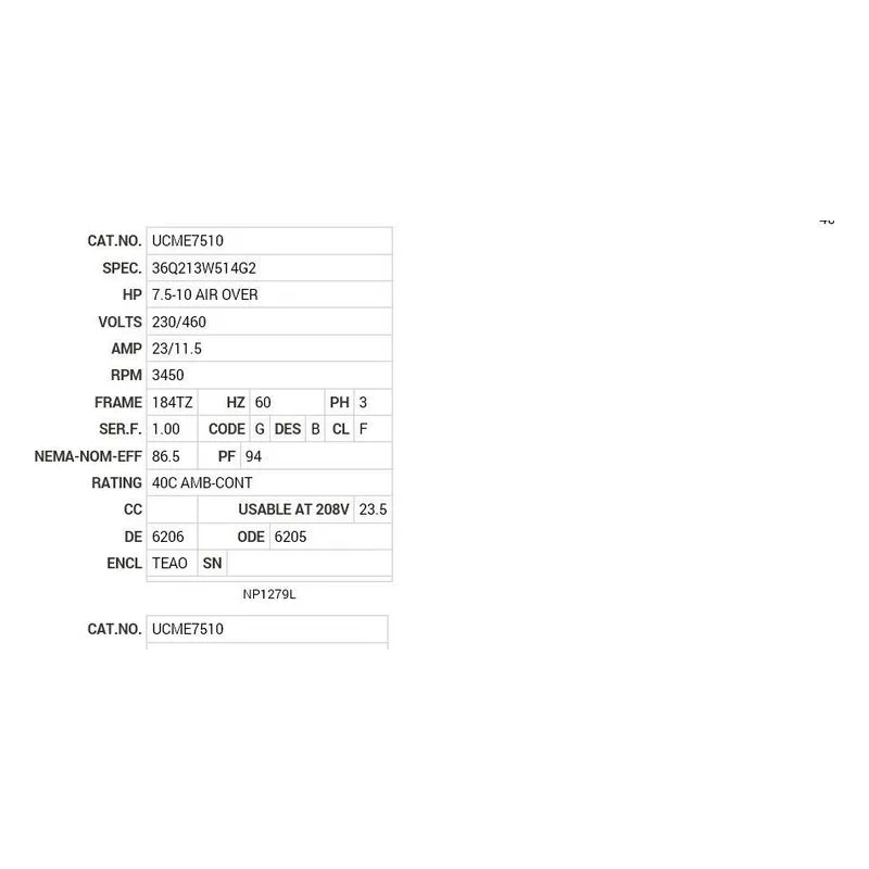 UCME7510 Baldor 7.5-10 AIR OVER HP, 3450 RPM, 3 PH, 60 HZ, 182TZ Motor Nameplate - view 2