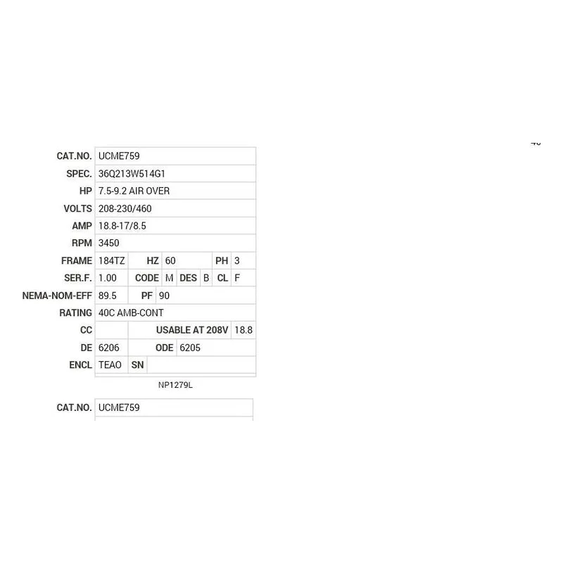UCME759 Baldor 7.5-9.2 AIR OVER HP, 3450 RPM, 3 PH, 60 HZ, 184T Motor Nameplate - view 2