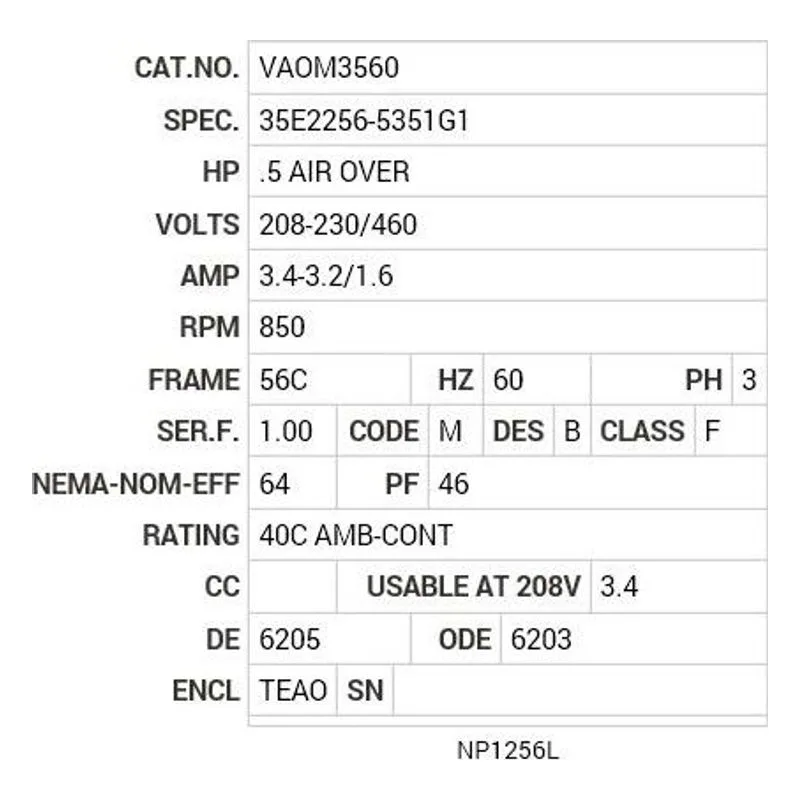 VAOM3560 Baldor .5 AIR OVER HP, 850 RPM, 3 PH, 60 HZ, 56C, 3528M Motor Nameplate - view 2