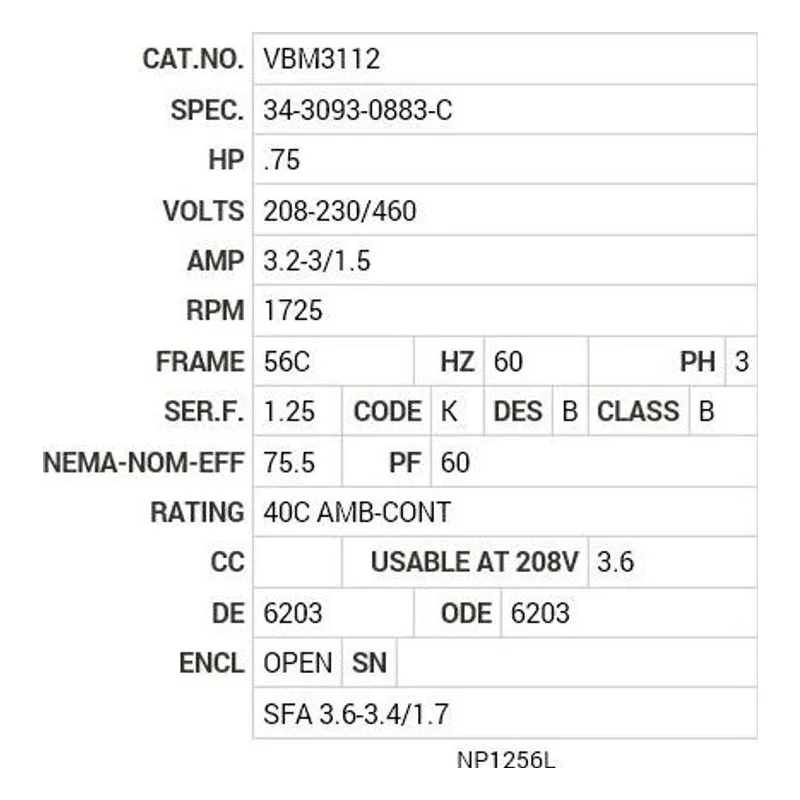 VBM3112 Baldor .75 HP, 1725 RPM, 3 PH, 60 HZ, 56C, BRAKE, 3420M Motor Nameplate - view 2