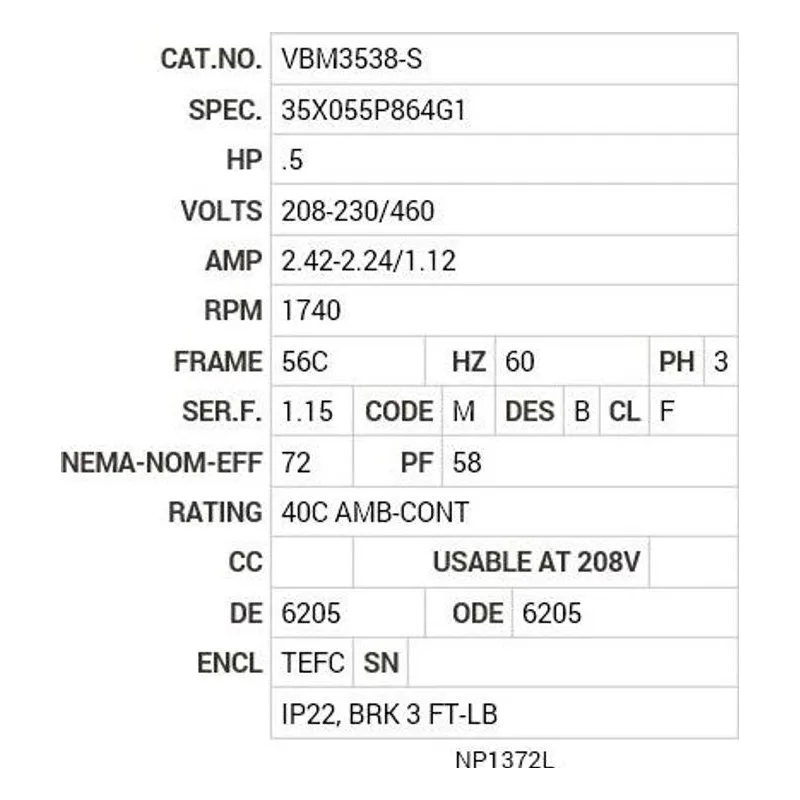 VBM3538-S Baldor .5 HP, 1740 RPM, 3 PH, 60 HZ, 56C, 3511M, TEFC, F3 Motor Nameplate - view 2