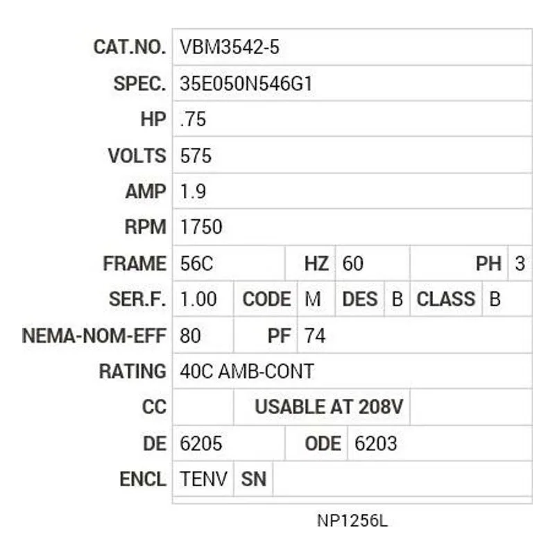 VBM3542-5 Baldor .75 HP, 1750 RPM, 3 PH, 60 HZ, 56C, 3516M, TENV, F1 Motor Nameplate - view 2