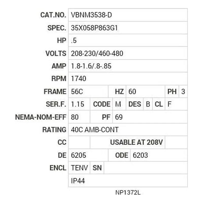 VBNM3538-D Baldor .5 HP, 1740 RPM, 3 PH, 60 HZ, 56C, 3512M, TENV, F3 Motor Nameplate - view 2